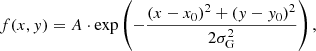 Mathematical equation: $$ \begin{aligned} f(x, { y})=A\cdot \exp \left(- \dfrac{(x-x_{\rm 0})^2+({ y}-{ y}_{\rm 0})^2}{2\sigma _{\rm G}^2}\right), \end{aligned} $$