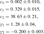 Mathematical equation: $$ \begin{aligned}&c_0 = 0.002 \pm 0.010,\\&c_1 = 0.329 \pm 0.015,\\&c_2 = 38.63 \pm 0.21,\\&\gamma _{1} = 1.28 \pm 0.04,\\&\gamma _{2} = -0.200 \pm 0.003. \end{aligned} $$