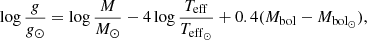 $$ \begin{aligned} {\log \frac{g}{g_{\odot }}} = \log \frac{M}{M_{\odot }} - 4 \log \frac{T_\mathrm{eff} }{T_{\mathrm {eff}_\odot} } + 0.4(M_{\rm bol}-M_{\rm bol_\odot }) ,\end{aligned} $$