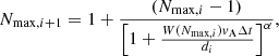 Mathematical equation: $$ \begin{aligned} N_{\mathrm{max},i+1} = 1 + \frac{(N_{\mathrm{max},i}-1)}{\left[1 + \frac{W(N_{\mathrm{max},i})v_{\rm A}\Delta t}{d_{i}} \right]^{\alpha }} ,\end{aligned} $$