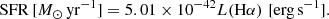 $$ \begin{aligned} \mathrm{SFR}\,[M_{\odot }\,\mathrm{yr}^{-1}] = 5.01 \times 10^{-42} {L(\mathrm{H}\alpha )}\,\,[\mathrm{erg\,s^{-1}}]. \end{aligned} $$