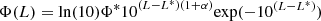 $$ \begin{aligned} {{\Phi }(L) = {\ln (10)\Phi ^*10}^{(L-L^*)(1+\alpha )}{\exp }(-10^{(L-L^*)})} \end{aligned} $$