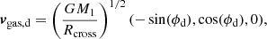 $$ \begin{aligned} \boldsymbol{v}_{\rm gas,d} = \left(\frac{G M_1}{R_{\rm cross}}\right)^{1/2} (-\sin (\phi _{\rm d}), \cos (\phi _{\rm d}), 0), \end{aligned} $$