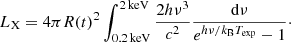 $$ \begin{aligned} L_{\rm X} = 4\pi R(t)^2 \int _{0.2\,\mathrm{keV}}^{2\,\mathrm{keV}} \frac{2h\nu ^3}{c^2}\frac{\mathrm{d}\nu }{e^{h\nu /k_{\rm B}T_{\rm exp}}-1}\cdot \end{aligned} $$