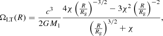 $$ \begin{aligned} \Omega _{\rm LT}(R) = \frac{c^3}{2 G M_1}\frac{4\chi \left(\frac{R}{R_{\rm g}}\right)^{-3/2} - 3\chi ^2\left(\frac{R}{R_{\rm g}}\right)^{-2}}{\left(\frac{R}{R_{\rm g}}\right)^{3/2} + \chi }, \end{aligned} $$