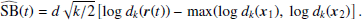 $$ \begin{aligned} \widehat{\text{SB}}(t) = d \sqrt{k/2} \left[ \text{ log}~d_k(\boldsymbol{r}(t)) - \text{ max} ( \text{ log}~d_k(\boldsymbol{x}_1),~\text{ log}~d_k(\boldsymbol{x}_2) \right] .\end{aligned} $$