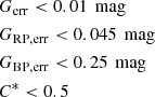 $$ \begin{aligned}&G_{\rm err} < 0.01 \,\text{ mag} \nonumber \\&G_{\rm RP,err} < 0.045 \,\text{ mag} \\&G_{\rm BP,err} < 0.25 \,\text{ mag} \nonumber \\&C^* < 0.5\nonumber \end{aligned} $$
