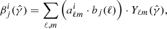 $$ \begin{aligned} \beta _{j}^{i}(\hat{\gamma }) =\mathop {\sum }_{\ell ,m} \left(a_{\ell m}^{i}\cdot b_{j}(\ell )\right)\cdot Y_{\ell m}(\hat{\gamma }), \end{aligned} $$