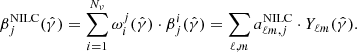 $$ \begin{aligned} \beta _{j}^\mathrm{NILC}(\hat{\gamma }) = \sum _{i=1}^{N_{\nu }}\omega _{i}^{j}(\hat{\gamma })\cdot \beta _{j}^{i}(\hat{\gamma })=\mathop {\sum }_{{\ell ,m}} a_{\ell m,j}^\mathrm{NILC} \cdot Y_{\ell m}(\hat{\gamma }). \end{aligned} $$