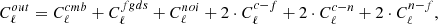 $$ \begin{aligned} C_{\ell }^{out} = C_{\ell }^{cmb} + C_{\ell }^{fgds} + C_{\ell }^{noi} + 2\cdot C_{\ell }^{c-f} + 2\cdot C_{\ell }^{c-n} + 2\cdot C_{\ell }^{n-f}, \end{aligned} $$