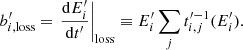 $$ \begin{aligned} b^{\prime }_{i,\mathrm {loss}}= \left.\frac{\mathrm{d}E^{\prime }_i}{\mathrm{d}t^{\prime }}\right|_{\rm loss}\equiv E^{\prime }_i \sum _j t^{\prime -1}_{i,j}(E^{\prime }_{i}). \end{aligned} $$