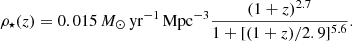 $$ \begin{aligned} \rho _\star (z)= 0.015\,M_\odot \,\mathrm{yr}^{-1}\,\mathrm{Mpc}^{-3}\frac{(1+z)^{2.7}}{1+[(1+z)/2.9]^{5.6}}. \end{aligned} $$