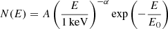 $$ \begin{aligned} N(E)=A\left( \frac{E}{\mathrm{1\,keV}} \right)^{-\alpha }\mathrm{exp}\left(-\frac{E}{E_{0}} \right) \end{aligned} $$