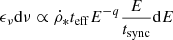 $$ \begin{aligned} \epsilon _\nu \mathrm{d}\nu \propto \dot{\rho }_* t_{\rm eff} E^{-q} \frac{E}{t_{\rm sync}} \mathrm{d}E \end{aligned} $$