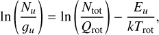 $ \ln \left( {{{{N_u}} \over {{g_u}}}} \right) = \ln \left( {{{{N_{{\rm{tot}}}}} \over {{Q_{{\rm{rot}}}}}}} \right) - {{{E_u}} \over {k{T_{{\rm{rot}}}}}}, $