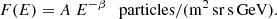$$ \begin{aligned} F(E)= A\ E^{-\beta } \ \ \ \mathrm{particles/(m^2\,sr\,s\,GeV).} \end{aligned} $$