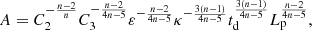 $$ \begin{aligned} A = C_2^{-\frac{n-2}{n}}C_3^{-\frac{n-2}{4n-5}}\varepsilon ^{-\frac{n-2}{4n-5}}\kappa ^{-\frac{3(n-1)}{4n-5}}t_{\rm d}^{\frac{3(n-1)}{4n-5}}L_{\rm p}^{\frac{n-2}{4n-5}}, \end{aligned} $$