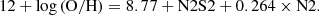 $$ \begin{aligned} \mathrm {12 + \log {(O/H)} = 8.77 + N2S2 + 0.264 \times N2}. \end{aligned} $$