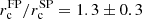 $ r_{\mathrm{c}}^{\mathrm{FP}}/r_{\mathrm{c}}^{\mathrm{SP}}=1.3\pm0.3 $