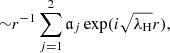 $$ \begin{aligned} {\sim } r^{- 1}\sum _{j=1}^2\mathfrak{a} _j \exp (i\sqrt{\lambda _{\rm H}}r ), \end{aligned} $$