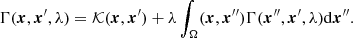 $$ \begin{aligned} \Gamma (\boldsymbol{x},\boldsymbol{x}^{\prime }, {\lambda }) = \mathcal{K} (\boldsymbol{x},\boldsymbol{x}^{\prime }) +\lambda \int _\Omega (\boldsymbol{x},\boldsymbol{x}^{\prime \prime }) \Gamma (\boldsymbol{x}^{\prime \prime },\boldsymbol{x}^{\prime }, {\lambda })\mathrm{d}\boldsymbol{x}^{\prime \prime }. \end{aligned} $$
