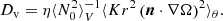 $$ \begin{aligned} D_{\rm v} = \eta \langle N_0^2\rangle _V^{-1} \langle K r^2 \left(\boldsymbol{n}\cdot \nabla \Omega \right)^2 \rangle _\theta . \end{aligned} $$