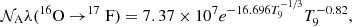 $$ \begin{aligned} \mathcal{N} _{\rm A}\lambda (^{16}\mathrm{O} \rightarrow ^{17}\mathrm{F}) = 7.37 \times 10^7e^{-16.696 T_9^{-1/3}} T_9^{-0.82}, \end{aligned} $$