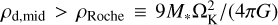 ${\rho _{{\rm{d,mid}}}} > {\rho _{{\rm{Roche}}}} \equiv {{9{M_*}{\rm{\Omega }}_{\rm{K}}^2} \mathord{\left/ {\vphantom {{9{M_*}{\rm{\Omega }}_{\rm{K}}^2} {\left( {4\pi G} \right)}}} \right. \kern-\nulldelimiterspace} {\left( {4\pi G} \right)}}$