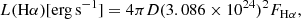 $$ \begin{aligned} {L(\mathrm {H}\alpha )[\mathrm{erg\,s}^{-1}]} = 4\pi D (3.086 \times 10^{24})^{2} { F_{\rm {H}\alpha }}, \end{aligned} $$