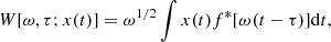 $$ \begin{aligned} W[\omega ,\tau ;x(t)] = \omega ^{1/2}\int {x(t)f^{*}[\omega (t-\tau )]\mathrm{d}t}, \end{aligned} $$