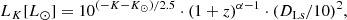 $$ \begin{aligned} L_{K}[L_{\odot }] = 10^{(-K-K_\odot )/2.5} \cdot (1+z)^{\alpha -1} \cdot (D_{\rm Ls}/10)^2, \end{aligned} $$
