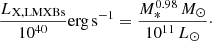 $$ \begin{aligned} \frac{L_{\rm X,LMXBs}}{10^{40}}\mathrm{erg\,s^{-1}} = \frac{M_*^{0.98}\,M_\odot }{10^{11}\,L_\odot }\cdot \end{aligned} $$