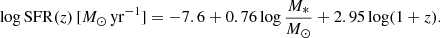 $$ \begin{aligned} \log \mathrm{SFR}(z)\,[M_{\odot }\,\mathrm{yr}^{-1}] = -7.6 + 0.76 \log \frac{M_{*}}{M_{\odot }} + 2.95 \log (1+z). \end{aligned} $$