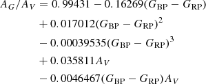 $$ \begin{aligned} \nonumber A_G/A_V&= 0.99431 -0.16269 (G_{\rm BP}-G_{\rm RP}) \\ \nonumber&+0.017012 (G_{\rm BP}-G_{\rm RP})^2 \\&-0.00039535 (G_{\rm BP}-G_{\rm RP})^3 \\ \nonumber&+0.035811 A_V \\ \nonumber&-0.0046467 (G_{\rm BP}-G_{\rm RP}) A_V \end{aligned} $$