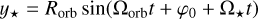 $ {y_ \star } = {R_{{\rm{orb}}}}\sin \left( {{{\rm{\Omega }}_{{\rm{orb}}}}t + {\varphi _0} + {{\rm{\Omega }}_ \star }t} \right) $