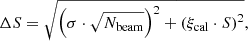 $$ \begin{aligned} \Delta S = \sqrt{\left(\sigma \cdot \sqrt{N_{\rm beam}}\right)^2 + \left(\xi _{\rm cal} \cdot S \right)^2}, \end{aligned} $$