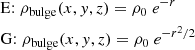 $$ \begin{aligned} \begin{aligned}&{\mathrm{E} }{:}\; \rho _{\mathrm{bulge} }(x,{ y},z) = \rho _0\ e^{-r} \\&{\mathrm{G} }{:}\; \rho _{\mathrm{bulge} }(x,{ y},z)=\rho _0\ e^{-r^2/2} \end{aligned} \end{aligned} $$