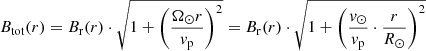 $$ \begin{aligned} B_{\rm tot}(r) = B_{\rm r}(r) \cdot \sqrt{1 + \left(\frac{\Omega _{\odot }r}{v_{\rm p}} \right)^{2}} = B_{\rm r}(r) \cdot \sqrt{1 + \left(\frac{v_{\odot }}{v_{\rm p}} \cdot \frac{r}{R_{\odot }}\right)^{2}} \end{aligned} $$