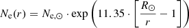 $$ \begin{aligned} N_{\rm e}(r) = N_{\rm e,\odot } \cdot \exp \left(11.35 \cdot \left[\frac{R_{\odot }}{r} - 1\right]\right) \end{aligned} $$