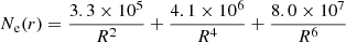 $$ \begin{aligned} N_{\rm e}(r) = \frac{3.3 \times 10^{5}}{R^{2}} + \frac{4.1 \times 10^{6}}{R^{4}} + \frac{8.0 \times 10^{7}}{R^{6}} \end{aligned} $$