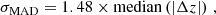 $$ \begin{aligned}&\sigma _{\mathrm{MAD} } = 1.48 \times \mathrm{median} \left(|\Delta z|\right)\,,\end{aligned} $$