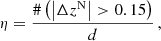 $$ \begin{aligned} \eta = \frac{\# \left( \left|\Delta z^{\mathrm{N} }\right| > 0.15 \right)}{d}\,, \end{aligned} $$