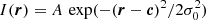$ I(\boldsymbol{r}) = A\,\exp(-(\boldsymbol{r}-\boldsymbol{c})^2/2\sigma_0^2) $