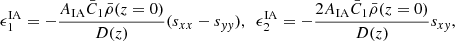 $$ \begin{aligned} \epsilon _{1}^\mathrm{IA}=- \frac{A_{\rm IA}\bar{C}_1\bar{\rho }(z=0)}{D(z)} (s_{xx}-s_{{ yy}}), \ \ \epsilon _{2}^\mathrm{IA}=-\frac{2A_{\rm IA}\bar{C}_1\bar{\rho }(z=0)}{D(z)} s_{x{ y}}, \end{aligned} $$