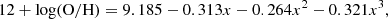 $$ \begin{aligned} 12 + \log (\mathrm{O/H}) = 9.185 - 0.313 x - 0.264 x^2 - 0.321 x^3, \end{aligned} $$