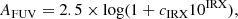 $$ \begin{aligned} A_{\mathrm{FUV}} = 2.5\times \mathrm{log} (1 + c_{\mathrm{IRX}}10^{\mathrm{IRX}}), \end{aligned} $$