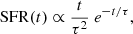 $$ \begin{aligned} \mathrm{SFR}(t) \propto \frac{t}{\tau ^2}\ e^{-t/\tau }, \end{aligned} $$