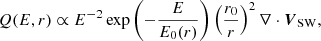 $$ \begin{aligned}&Q(E,r) \propto E^{-2}\exp {\left(-\frac{E}{E_{0}(r)}\right)} \left(\frac{r_0}{r}\right)^2\nabla \cdot {\boldsymbol{V}_{\rm SW}}, \end{aligned} $$