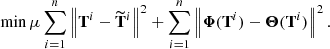 $$ \begin{aligned} \min _{\begin{matrix} \boldsymbol{\Phi },{\boldsymbol{\Psi }} \end{matrix}} \mu \sum _{i=1}^n\left\Vert \mathbf{T}^i- {\widetilde{\mathbf{T}}^i} \right\Vert^2 + \sum _{i=1}^n\left\Vert \boldsymbol{\Phi }(\mathbf{T}^i)- \boldsymbol{\Theta } (\mathbf{T}^i) \right\Vert^2. \end{aligned} $$