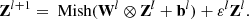 $$ \begin{aligned} \mathbf Z ^{l+1} = \text{ Mish}(\mathbf W ^{l} \otimes \mathbf Z ^{l} + \mathbf b ^{l})+ \varepsilon ^{l} \mathbf Z ^{l}. \end{aligned} $$
